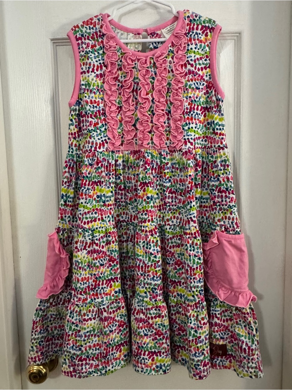 Millie Jay Girl Sleeveless Pink Multi-Color Ruffle Pocket Sundress 100% Cotton